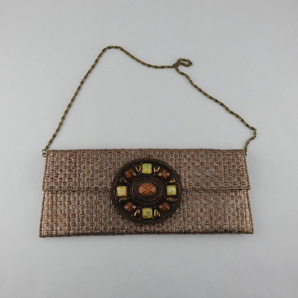 Vintage Mochi Bronze Wozen Embellished Straw Clutch Purse Bag Medallion Boho - Picture 10 of 10